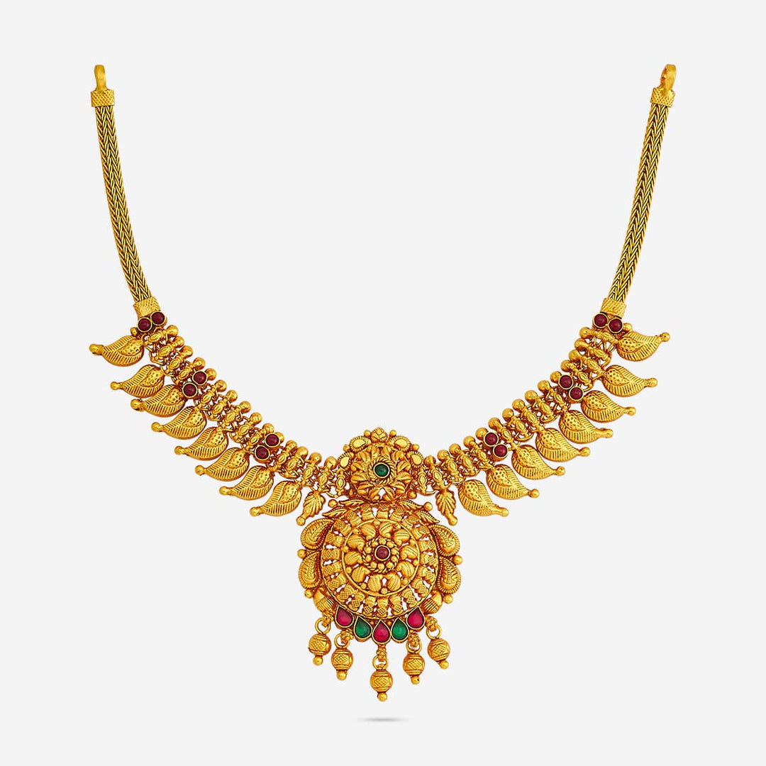 Pure 92.5 Silver, Gold Plated Traditional Mango Design Necklace with Ruby-Green Accents and Floral Pendant