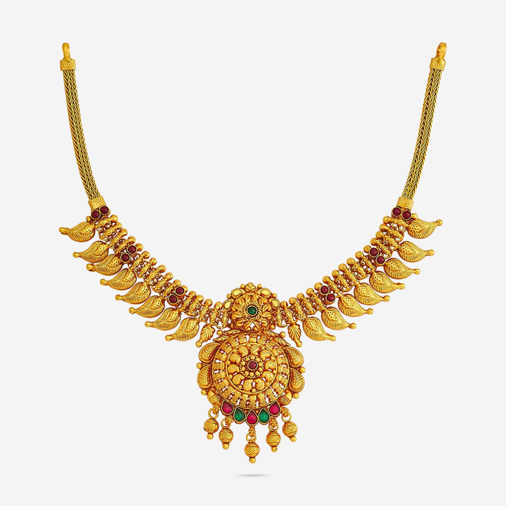 Pure 92.5 Silver, Gold Plated Traditional Mango Design Necklace with Ruby-Green Accents and Floral Pendant