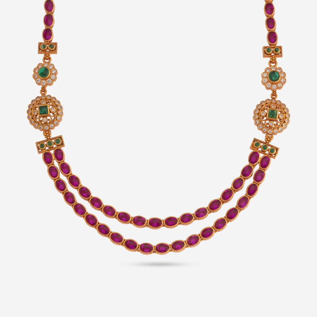 Pure 92.5 Silver, Gold Plated Double Layer Necklace with Ruby Chains and Green Stone Floral Accents