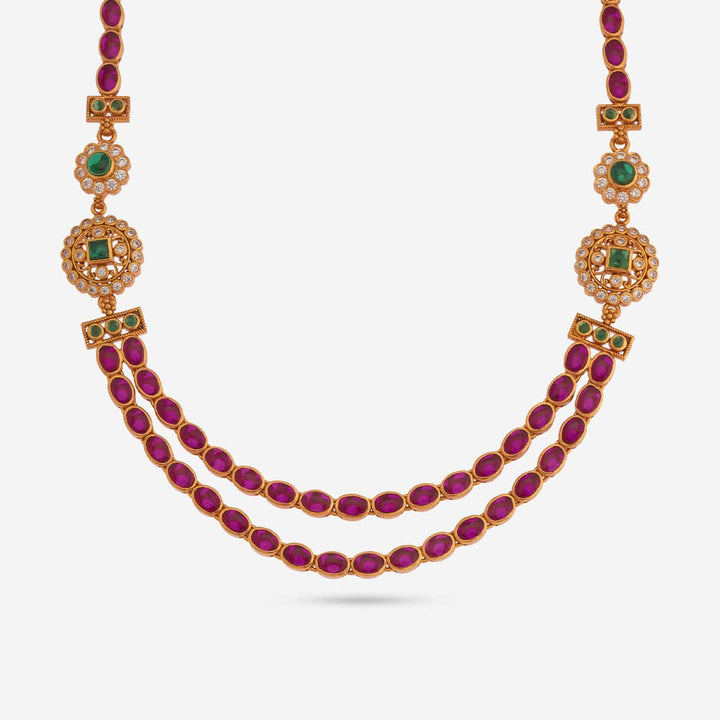 Pure 92.5 Silver, Gold Plated Double Layer Necklace with Ruby Chains and Green Stone Floral Accents