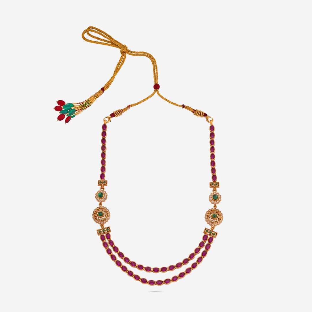 Pure 92.5 Silver, Gold Plated Double Layer Necklace with Ruby Chains and Green Stone Floral Accents