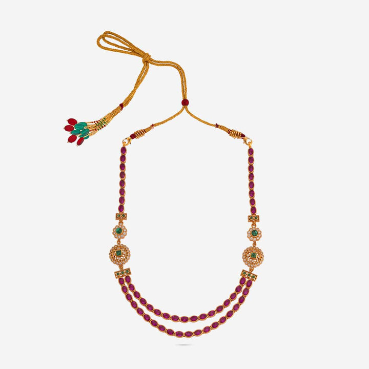 Pure 92.5 Silver, Gold Plated Double Layer Necklace with Ruby Chains and Green Stone Floral Accents