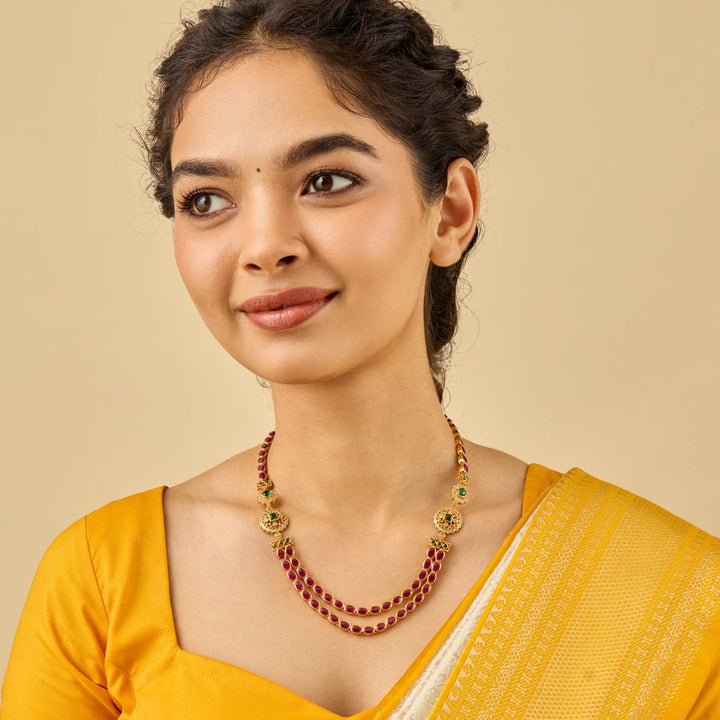Pure 92.5 Silver, Gold Plated Double Layer Necklace with Ruby Chains and Green Stone Floral Accents