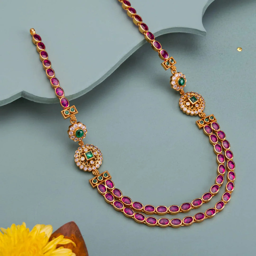 Pure 92.5 Silver, Gold Plated Double Layer Necklace with Ruby Chains and Green Stone Floral Accents
