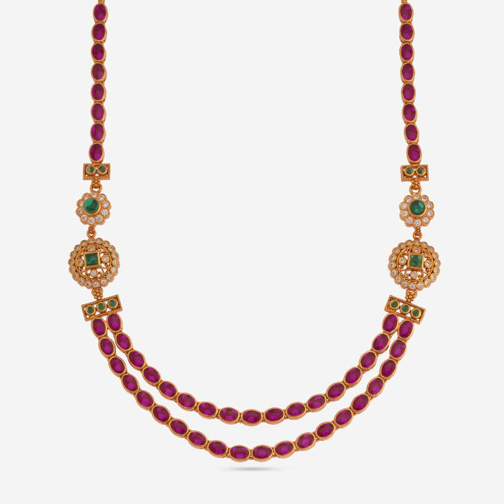 Pure 92.5 Silver, Gold Plated Double Layer Necklace with Ruby Chains and Green Stone Floral Accents