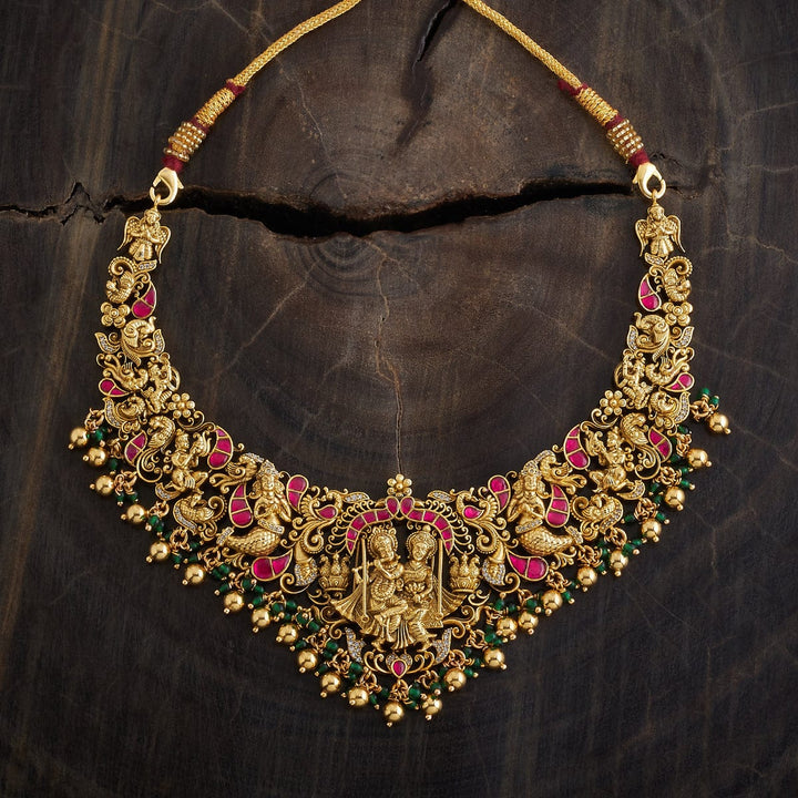 92.5 Pure Silver Radha Krishna Motif Temple Necklace