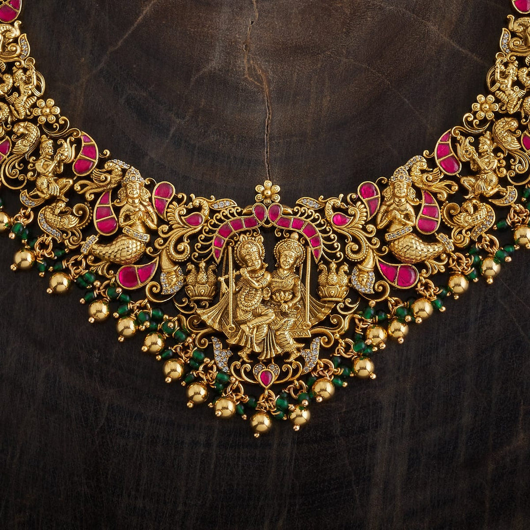 92.5 Pure Silver Radha Krishna Motif Temple Necklace