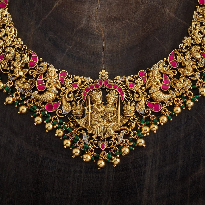 92.5 Pure Silver Radha Krishna Motif Temple Necklace