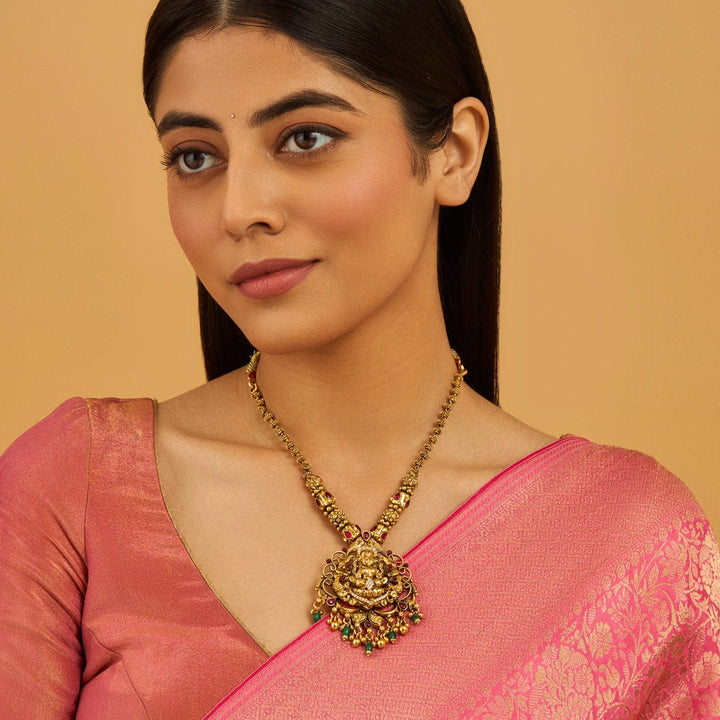 Pure 92.5 silver Gold Plated Necklace With Lakshmi Pendant and dangling beads