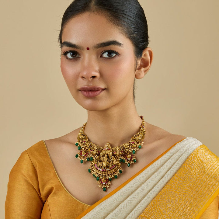Pure 92.5 Silver, Gold Oxidized Lord Krishna and Peacock Designs Temple Necklace with Gemstone Accents