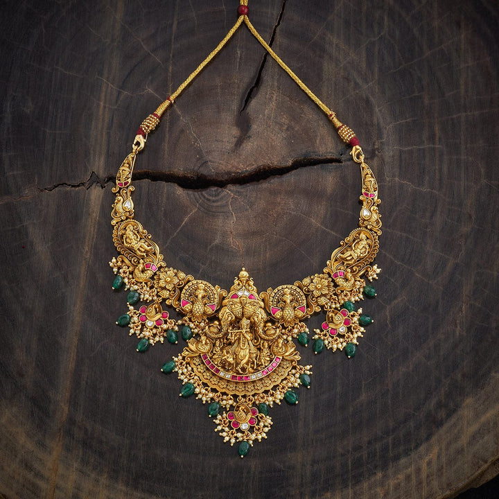 Pure 92.5 Silver, Gold Oxidized Lord Krishna and Peacock Designs Temple Necklace with Gemstone Accents
