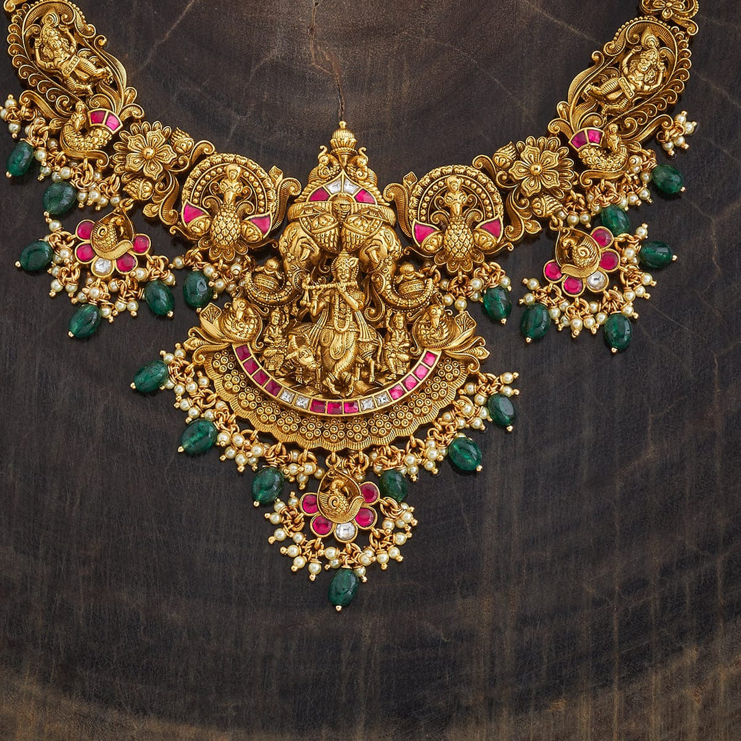 Pure 92.5 Silver, Gold Oxidized Lord Krishna and Peacock Designs Temple Necklace with Gemstone Accents