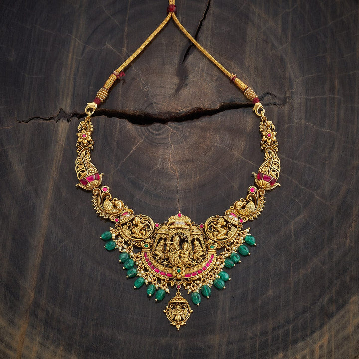 Pure 92.5 Silver, Gold Oxidized Ruby-Green Stone Temple Necklace with Deity and Peacock Motifs