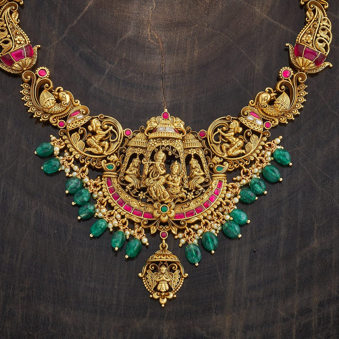 Pure 92.5 Silver, Gold Oxidized Ruby-Green Stone Temple Necklace with Deity and Peacock Motifs