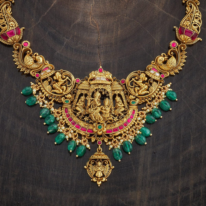 Pure 92.5 Silver, Gold Oxidized Ruby-Green Stone Temple Necklace with Deity and Peacock Motifs