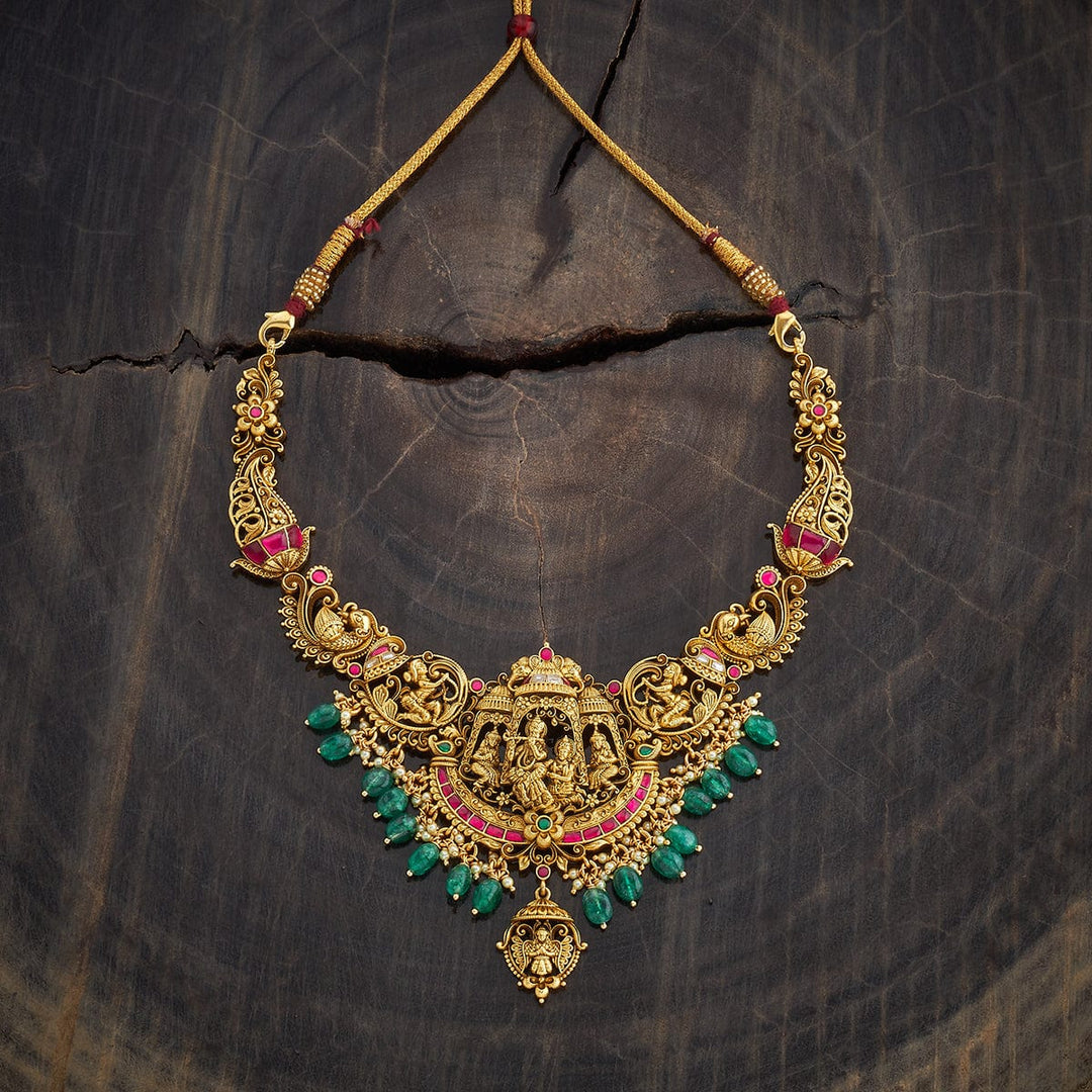Pure 92.5 Silver, Gold Oxidized Ruby-Green Stone Temple Necklace with Deity and Peacock Motifs