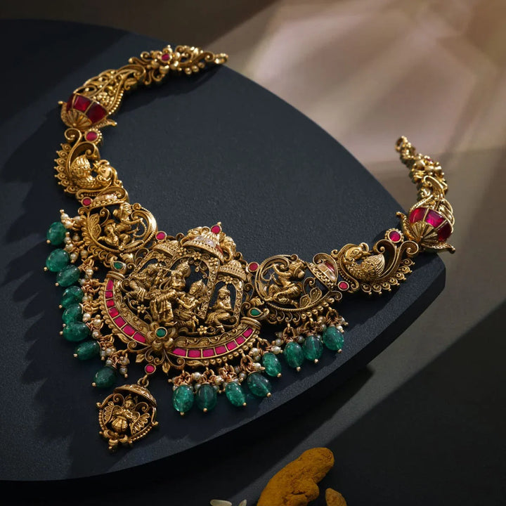 Pure 92.5 Silver, Gold Oxidized Ruby-Green Stone Temple Necklace with Deity and Peacock Motifs