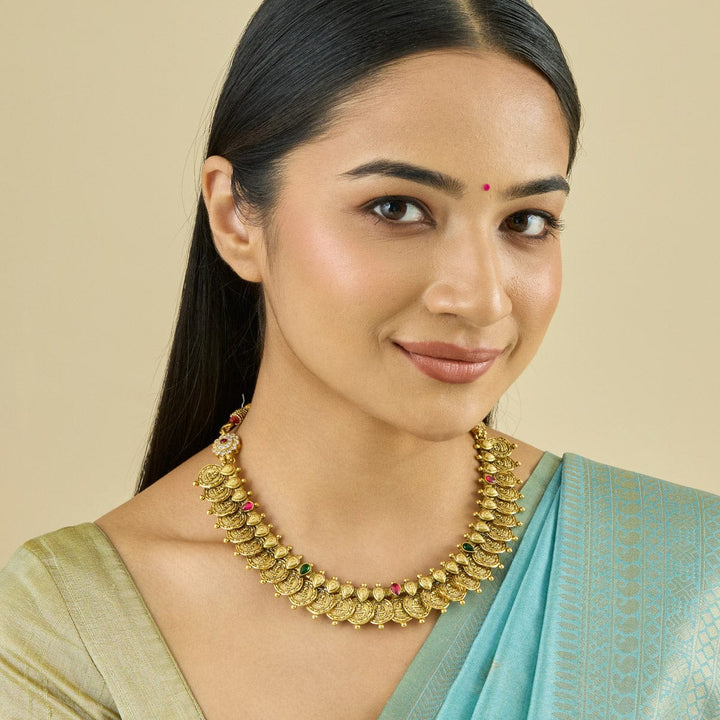 Pure 92.5 Silver Vintage Style Gold-Plated Lakshmi Kaasu Necklace