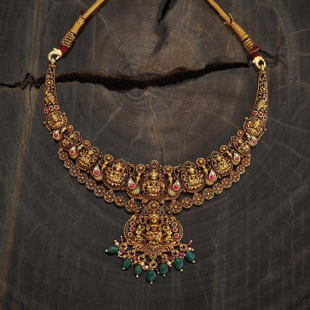 Pure 92.5 Silver, Gold Plated Temple Necklace with Lakshmi, balaji  Motifs and dangling beads
