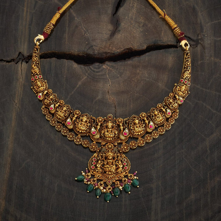 Pure 92.5 Silver, Gold Plated Temple Necklace with Lakshmi, balaji  Motifs and dangling beads