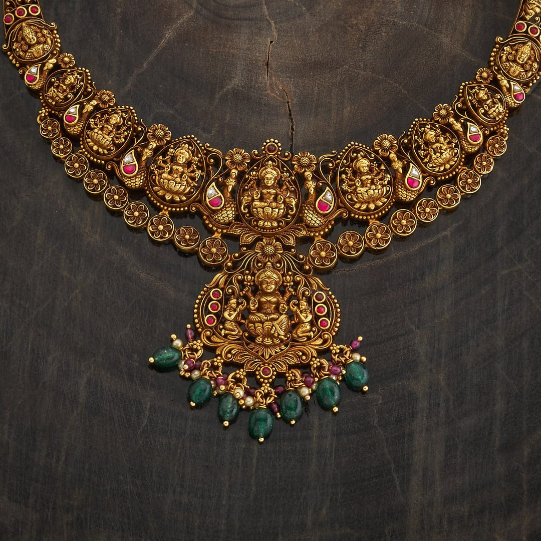Pure 92.5 Silver, Gold Plated Temple Necklace with Lakshmi, balaji  Motifs and dangling beads