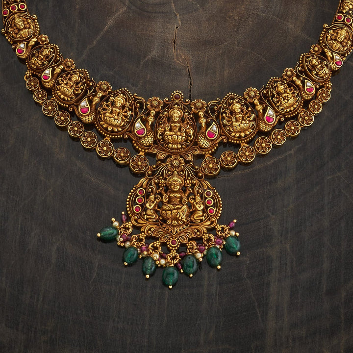 Pure 92.5 Silver, Gold Plated Temple Necklace with Lakshmi, balaji  Motifs and dangling beads