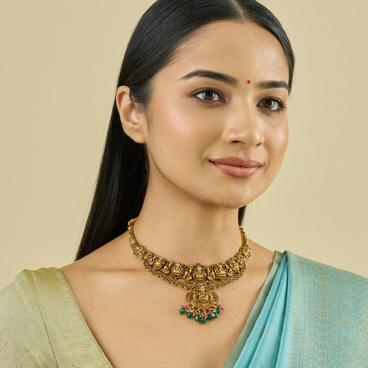Pure 92.5 Silver, Gold Plated Temple Necklace with Lakshmi, balaji  Motifs and dangling beads