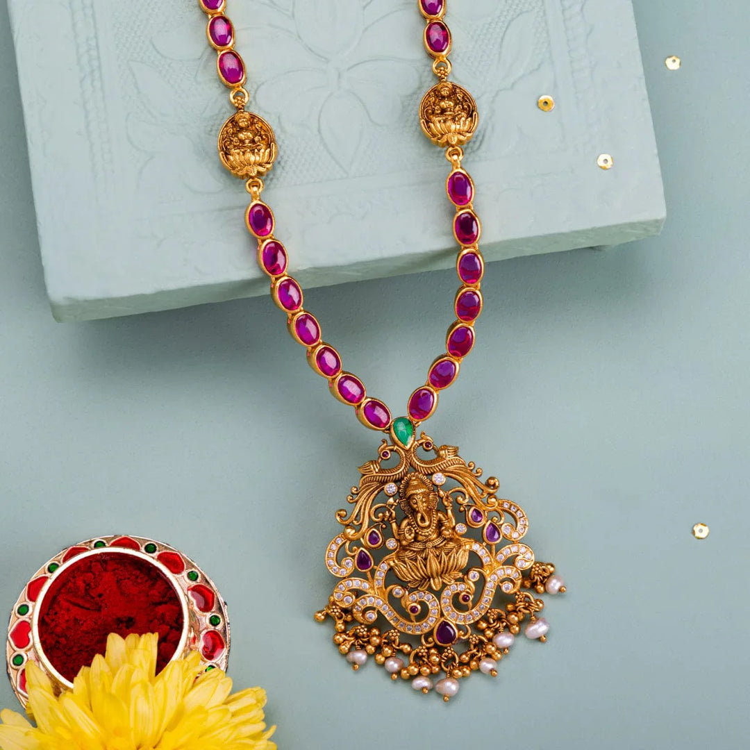 Pure 92.5 Silver, Gold Plated Necklace with Ganesha Pendant and dangling Beads
