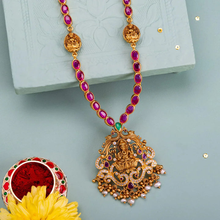 Pure 92.5 Silver, Gold Plated Necklace with Ganesha Pendant and dangling Beads