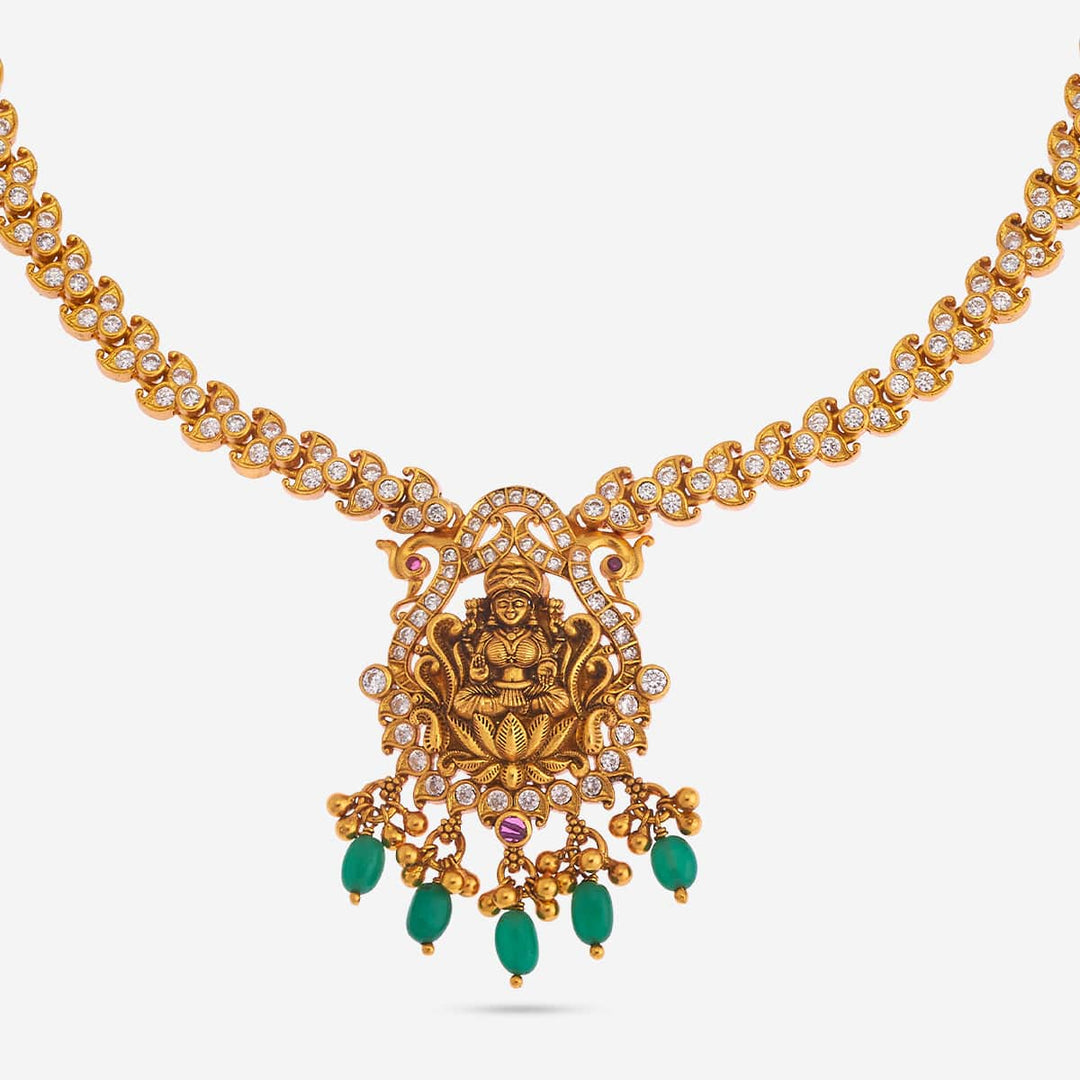 Pure 92.5 Silver, Gold Plated Necklace with CZ stone and Lakshmi Motifs