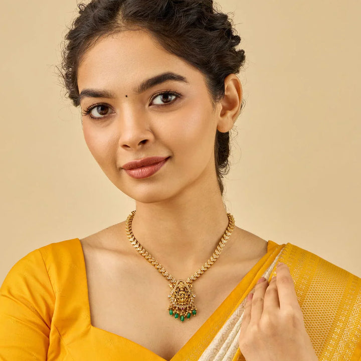 Pure 92.5 Silver, Gold Plated Necklace with CZ stone and Lakshmi Motifs