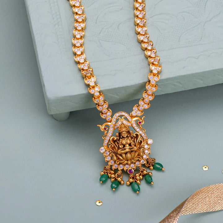 Pure 92.5 Silver, Gold Plated Necklace with CZ stone and Lakshmi Motifs