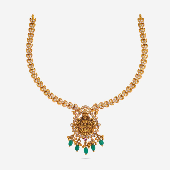 Pure 92.5 Silver, Gold Plated Necklace with CZ stone and Lakshmi Motifs