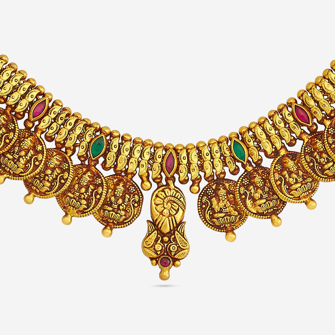 Pure 92.5 Silver Gold-Oxidized Lakshmi Coin Temple Necklace with Ruby and Green Stones