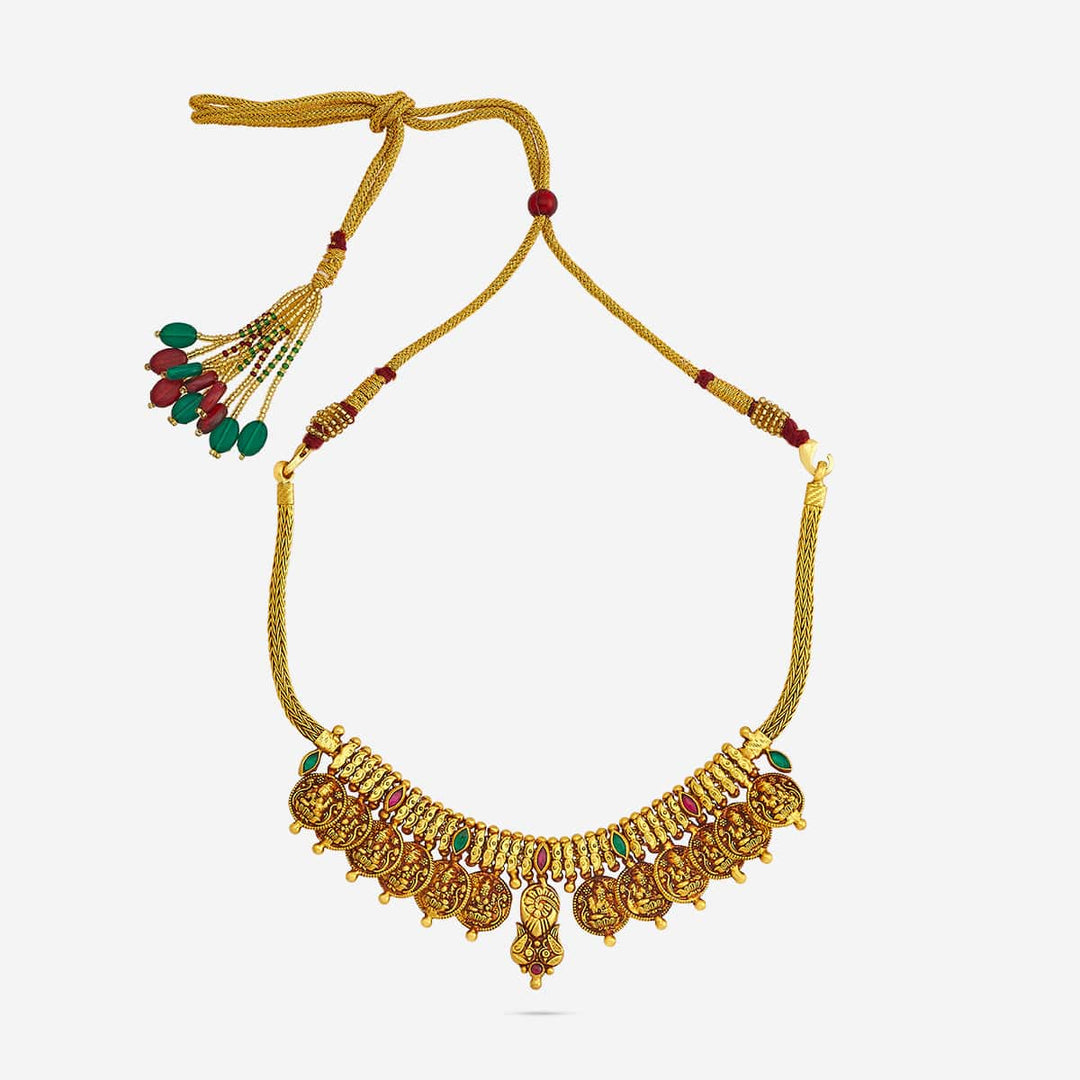 Pure 92.5 Silver Gold-Oxidized Lakshmi Coin Temple Necklace with Ruby and Green Stones