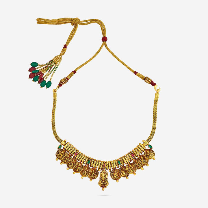 Pure 92.5 Silver Gold-Oxidized Lakshmi Coin Temple Necklace with Ruby and Green Stones