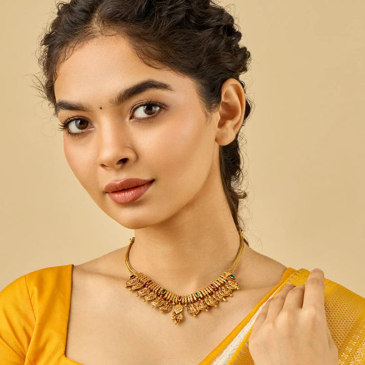 Pure 92.5 Silver Gold-Oxidized Lakshmi Coin Temple Necklace with Ruby and Green Stones
