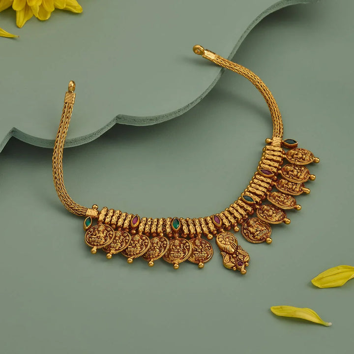 Pure 92.5 Silver Gold-Oxidized Lakshmi Coin Temple Necklace with Ruby and Green Stones
