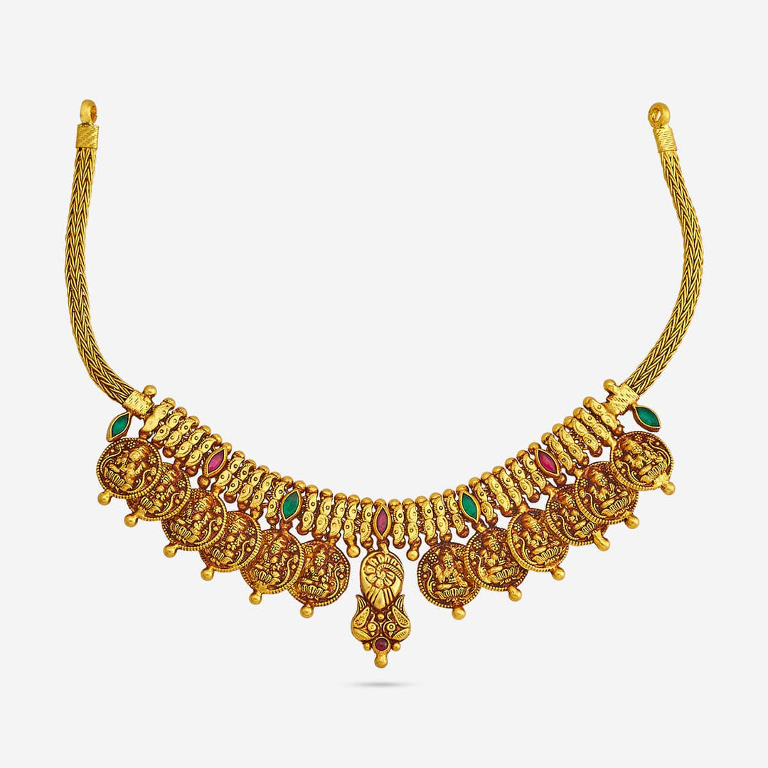 Pure 92.5 Silver Gold-Oxidized Lakshmi Coin Temple Necklace with Ruby and Green Stones