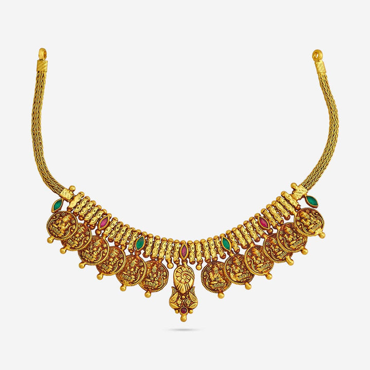 Pure 92.5 Silver Gold-Oxidized Lakshmi Coin Temple Necklace with Ruby and Green Stones