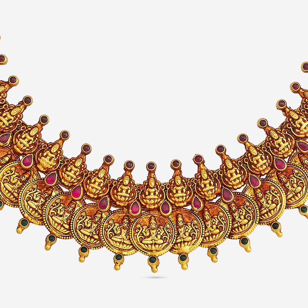 Pure 92.5 Silver, Gold Oxidized Kasu Mala Necklace with Deity Coins and Gemstone Accents
