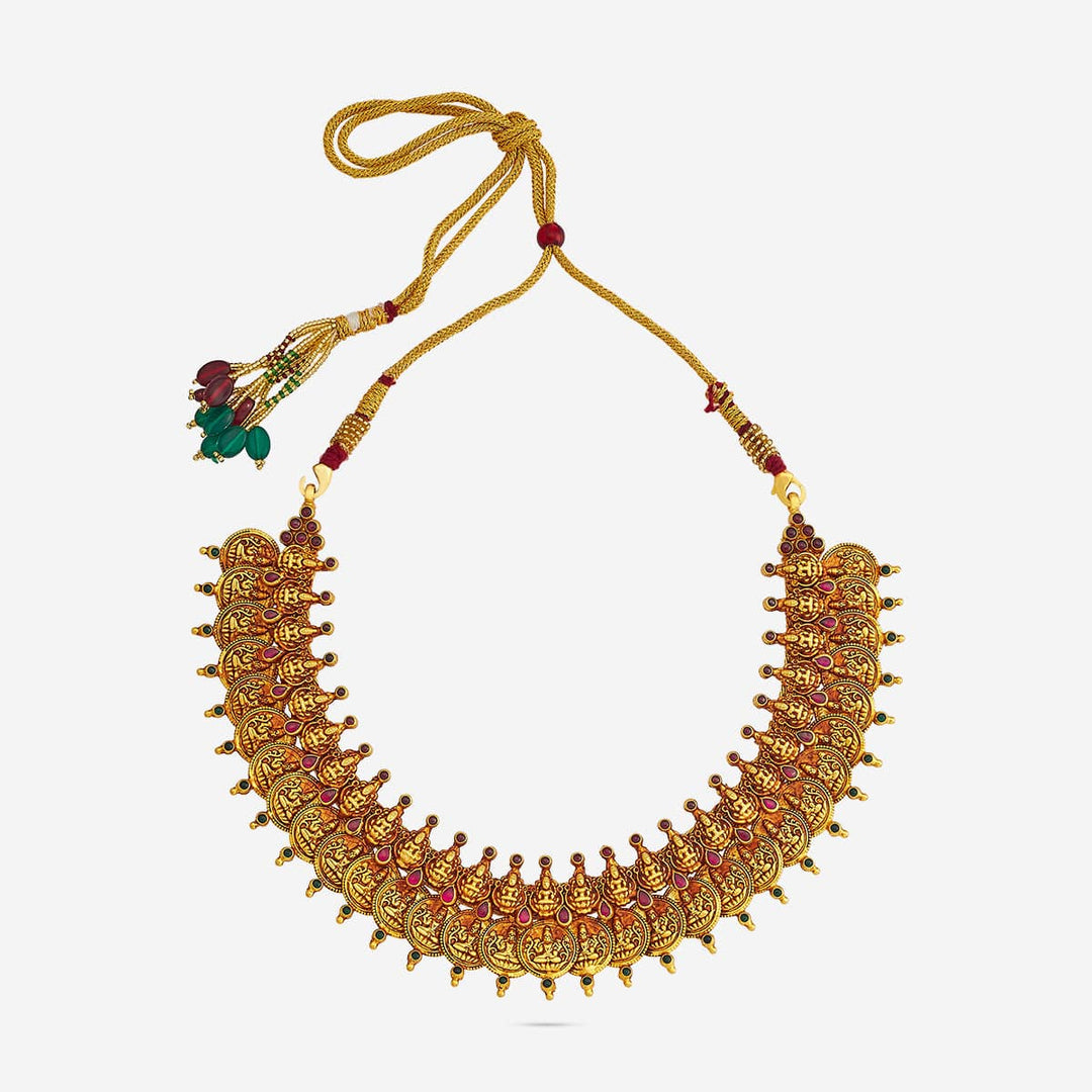 Pure 92.5 Silver, Gold Oxidized Kasu Mala Necklace with Deity Coins and Gemstone Accents