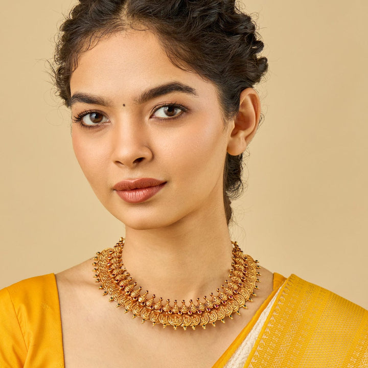 Pure 92.5 Silver, Gold Oxidized Kasu Mala Necklace with Deity Coins and Gemstone Accents