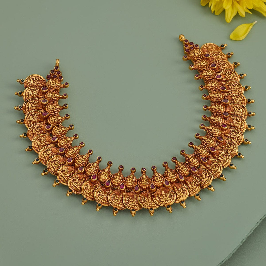 Pure 92.5 Silver, Gold Oxidized Kasu Mala Necklace with Deity Coins and Gemstone Accents