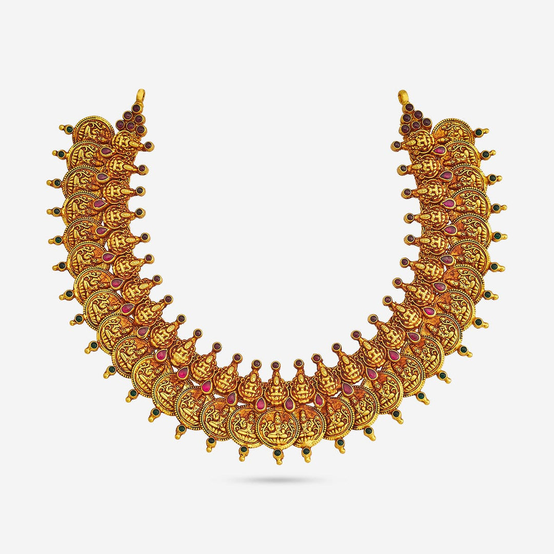 Pure 92.5 Silver, Gold Oxidized Kasu Mala Necklace with Deity Coins and Gemstone Accents