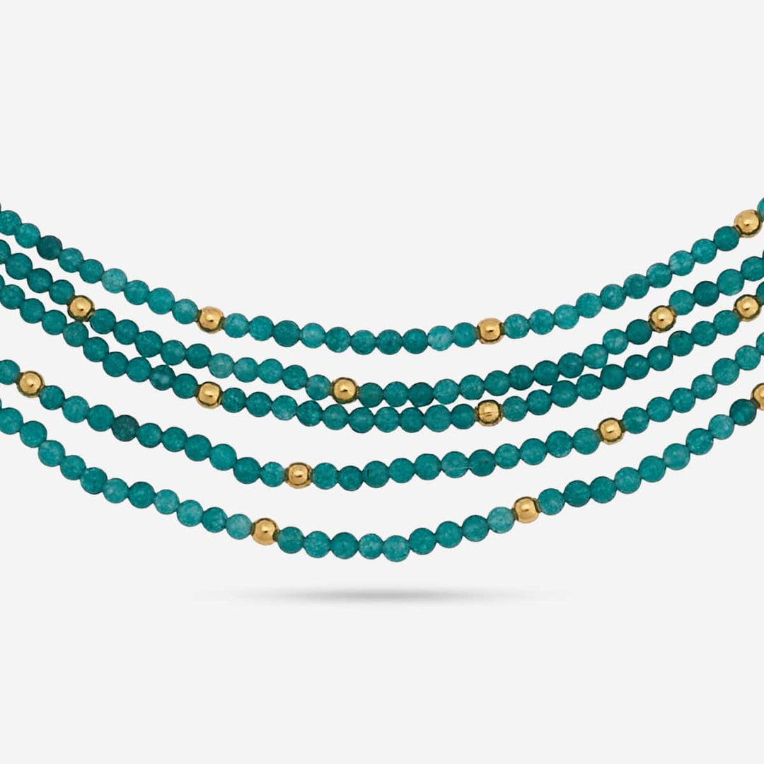 Pure 92.5 Silver, Gold Oxidized Multi-Layer Green Bead Necklace with Gemstone Accents and Peacock Motifs