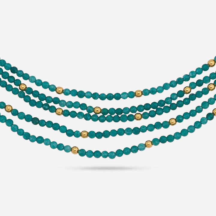 Pure 92.5 Silver, Gold Oxidized Multi-Layer Green Bead Necklace with Gemstone Accents and Peacock Motifs