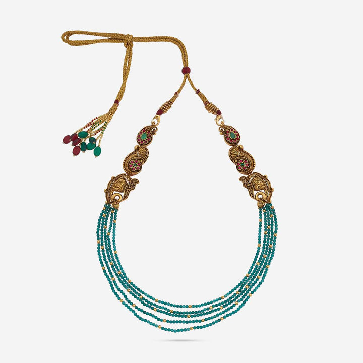 Pure 92.5 Silver, Gold Oxidized Multi-Layer Green Bead Necklace with Gemstone Accents and Peacock Motifs
