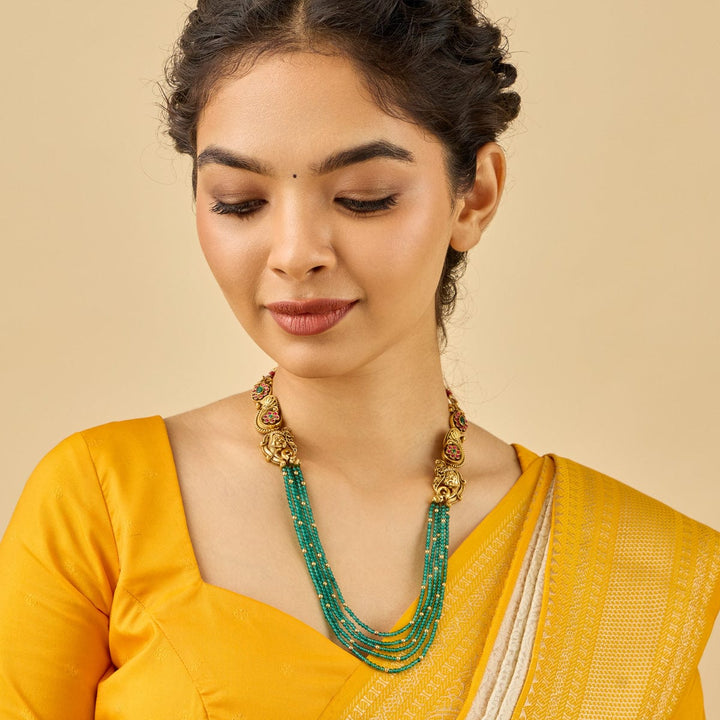 Pure 92.5 Silver, Gold Oxidized Multi-Layer Green Bead Necklace with Gemstone Accents and Peacock Motifs