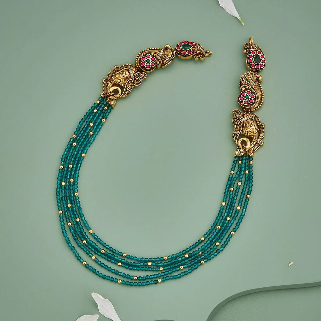 Pure 92.5 Silver, Gold Oxidized Multi-Layer Green Bead Necklace with Gemstone Accents and Peacock Motifs